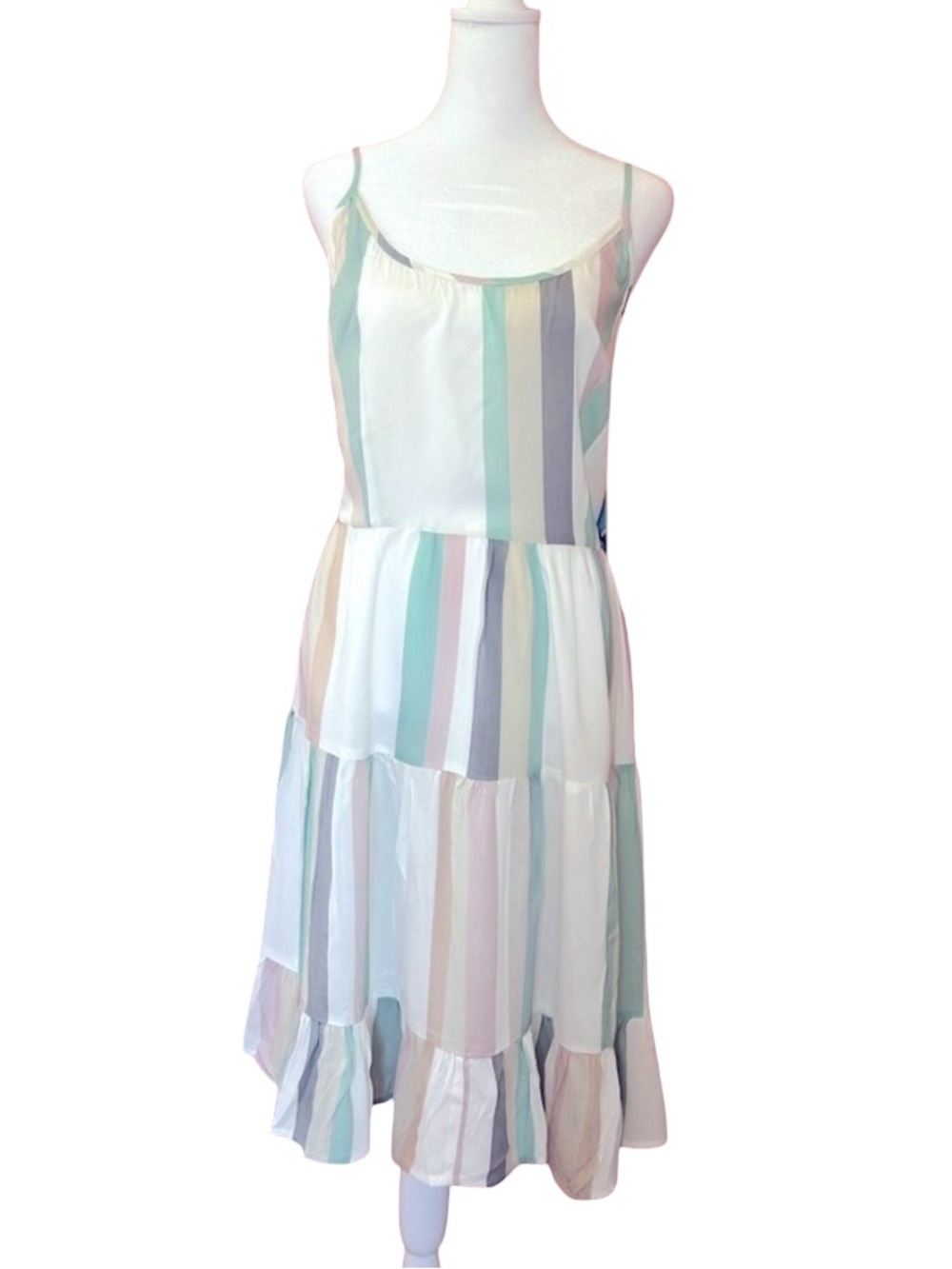 Beach vacay open tie back vertical striped pastel rainbow tiered sundress NWT XL